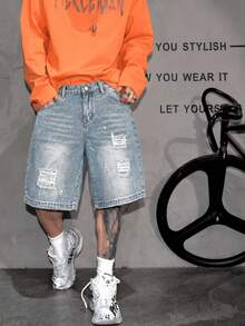 Pantalones cortos vaqueros desgastados y rotos para hombre, pantalones casuales sueltos lavados con vibración de longitud hasta la rodilla para verano - Celeste - Ver 1
