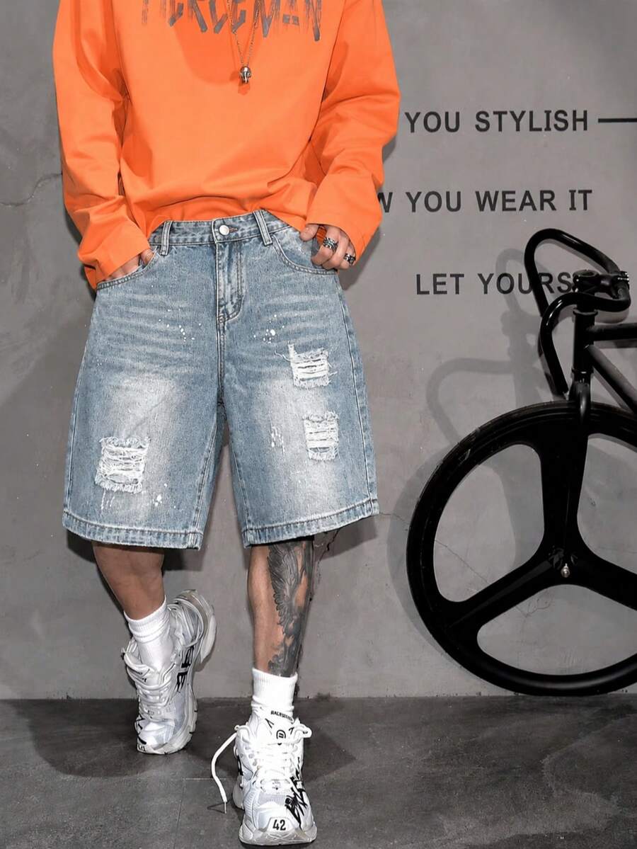Pantalones cortos vaqueros desgastados y rotos para hombre, pantalones casuales sueltos lavados con vibración de longitud hasta la rodilla para verano - Celeste - Ver 1