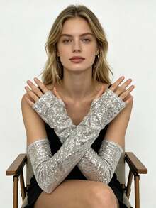 1 Paar Damen Mode Bühnen-Performance Pailletten reflektierende lange Arm-Ärmel fingerlose Handschuhe Kostüm Performance Handschuhe für Party und Festival - Silber - Übersicht 4