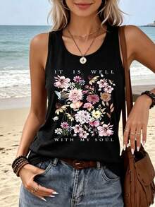 Bestseller Retro Streetwear Boho Floral Faith Slogan Graphic Women's Sleeveless Tank Top, For Street Hangout Beach Trip Daily Shopping - Black - View 1