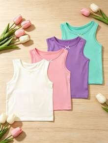 4pcs Girls Sweet Cute Solid Color Bow Tank Tops, Suitable For Girls All Season Layering And Outerwear - Multicolor - View 2