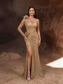 YISIKADO Luxury One-Shoulder Long Sleeve Hollow Mesh Sequin Floral Decor Ruffle Slit Fishtail Design Maxi Formal Evening Party Dress Wedding Fall - Gold - View 2