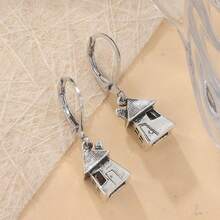 1 Pair Retro Mini House Shaped Earrings For Women, Wave-Style Earring Hook Design, Suitable For Casual Daily Wear - Silver - View 8
