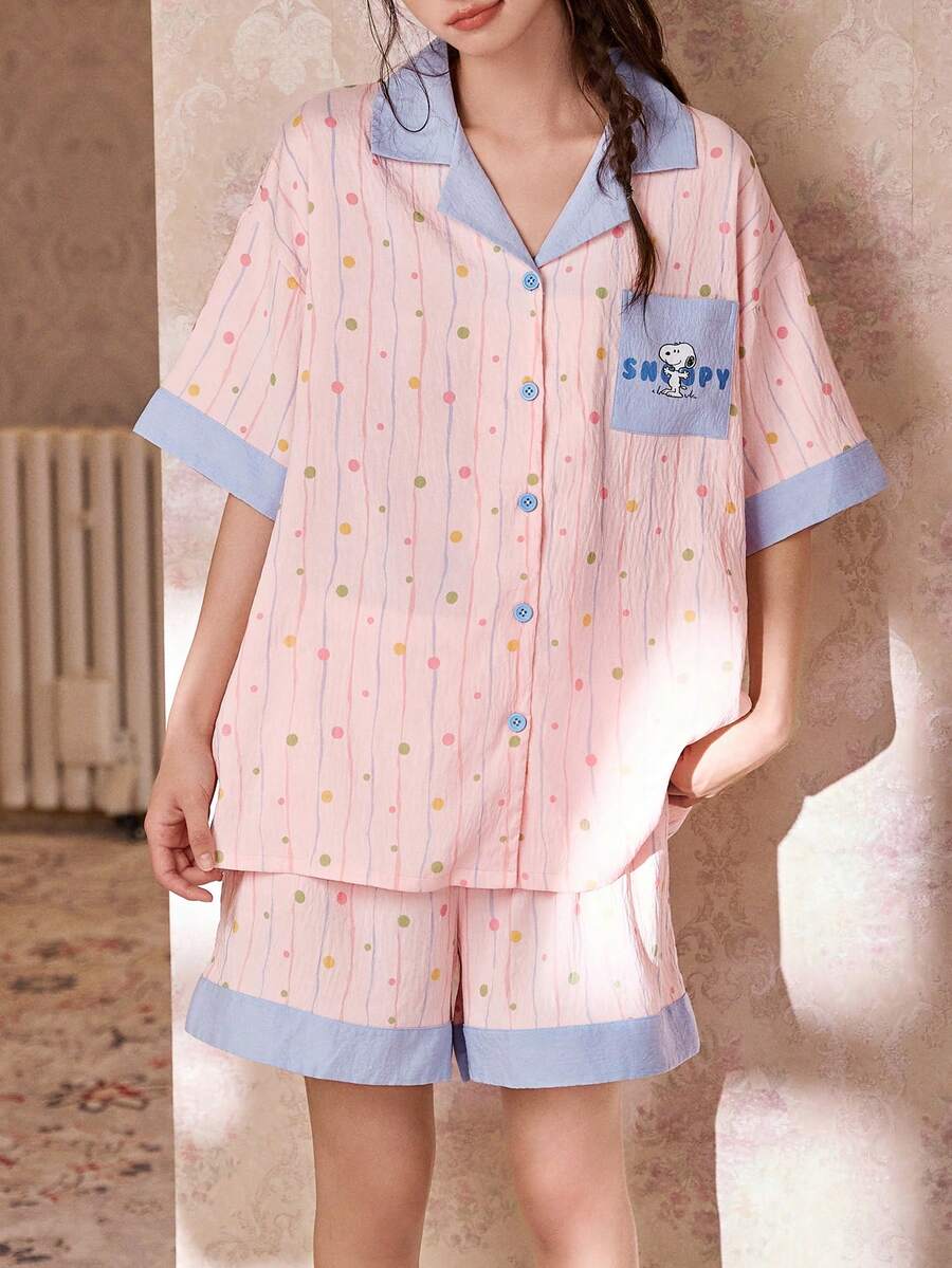 Gongdie 2件組 Snoopy 女款睡衣套裝,柔軟舒適夏季居家服,淺藍色滾邊波點印花 - 粉色 - 查看 1
