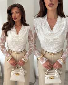 Women's Autumn White Floral Sheer Mesh Cowl Neck Ruched Slim Fit Lace Top, Suitable For Dating, Business Commute, Vacation, Office Wear, Afternoon Tea Gathering, Party And Other Occasions - White - View 3