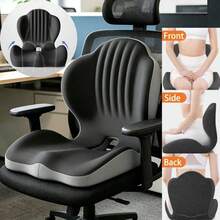 2-In-1 Lumbar Support Backrest And Seat Cushion, Shell-Shaped One-Piece Seat Cushion And Backrest, Ergonomic Memory Foam Seat Cushion, Breathable And Comfortable, Office Chair Cushion And Car Seat - Black+Gray - View 2