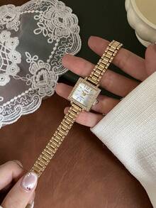 1件女款不鏽鋼錶帶手錶，經典方形，優雅石英錶，適合日常穿著、商務、派對 - 金色 - 查看 2