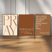 3pcs Frameless Terracotta Christian Bible Verse Canvas Posters, Minimalist Pray/Psalm 46:5/Proverbs 31:25 Wall Art Prints, Aesthetic Religious Room Decor, Holiday Decoration Gift - Brown - View 1