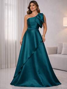 One-Shoulder Long Dress With Structured Bow – Unparalleled Elegance For Parties And Timeless Celebrations* - Dark Green - View 5