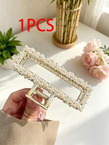 2pcs/1pc Elegant Metal Faux Pearl Square Cross Hair Claw Clip For Women, Back Of Head Daily Updo Hair Claw, Bathing Hair Tie, Half-Up Top Clip, Versatile High-End Hair Accessory For Outings, Parties, Travel, Photos, Home, Commute, Back To School, Holiday Gift - Multicolor - View 4
