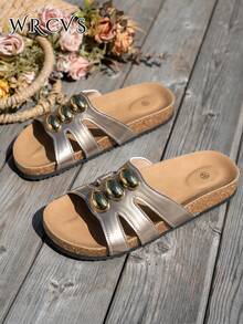 WRCVS Women's Metal Buckle Flat Slides, PU Leather Hollow Breathable Lightweight Slippers With Buckle Decor, Soft Cork Sole, Non-Slip Beach Shoes, Bohemian Vacation Style - Gold - View 5
