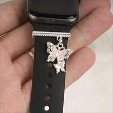 1pc Sparkly Rhinestone Double Butterfly Watch Band Charm Decor Ring Compatible With Apple Watch Silicone Strap Accessories For Women Girls - Silver - View 4