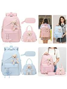 3pcs Set Solid Color Cute Bear (Detachable) Backpack Set, Cute School Bag With Bow Ribbon (Detachable), Crossbody Bear Lunch Bag, Zipper Closure, Large Capacity Multi-Pocket Lightweight School Bag, Suitable For Various Occasions, Campus Backpack, Travel Backpack, Back To School Gift - A - View 10