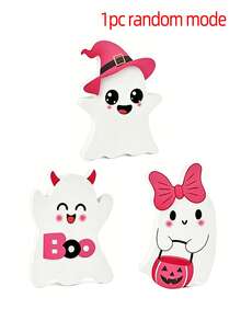 3pcs Cute Halloween Ghost PVC Desktop Decor, Pink Kawaii Ghost Ornament With Witch Hat, Pumpkin Bucket And Bow, Halloween Desktop Decoration, Spooky Holiday Home Decor, Shelf Display, Tiered Tray Decoration, Indoor Party Decor, Cute Halloween Gift Room Decor Halloween Decor - A - View 8