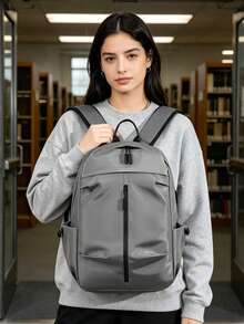 Ransel Wanita Minimalis Warna Polos dari Nilon, Ringan, Tahan Air, Cocok untuk Bisnis, Perjalanan, dan Penggunaan Sehari-hari, Ransel Kasual Kapasitas Besar dengan Banyak Kantong, Cocok untuk Kantor, Kerja, Perjalanan, dan Sekolah. - Grey - View 8