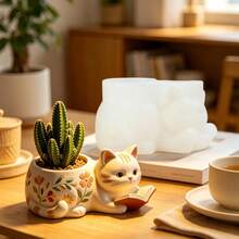 Cute Reading Cat Shaped Planter Silicone Mold, Embossed Reading Cat Shaped Silicone Mold, DIY Handmade Cat Succulent Planter Cement Plaster Concrete Resin Casting Mold, For Home Craft Decoration, Birthday/Christmas Gift - A - View 4