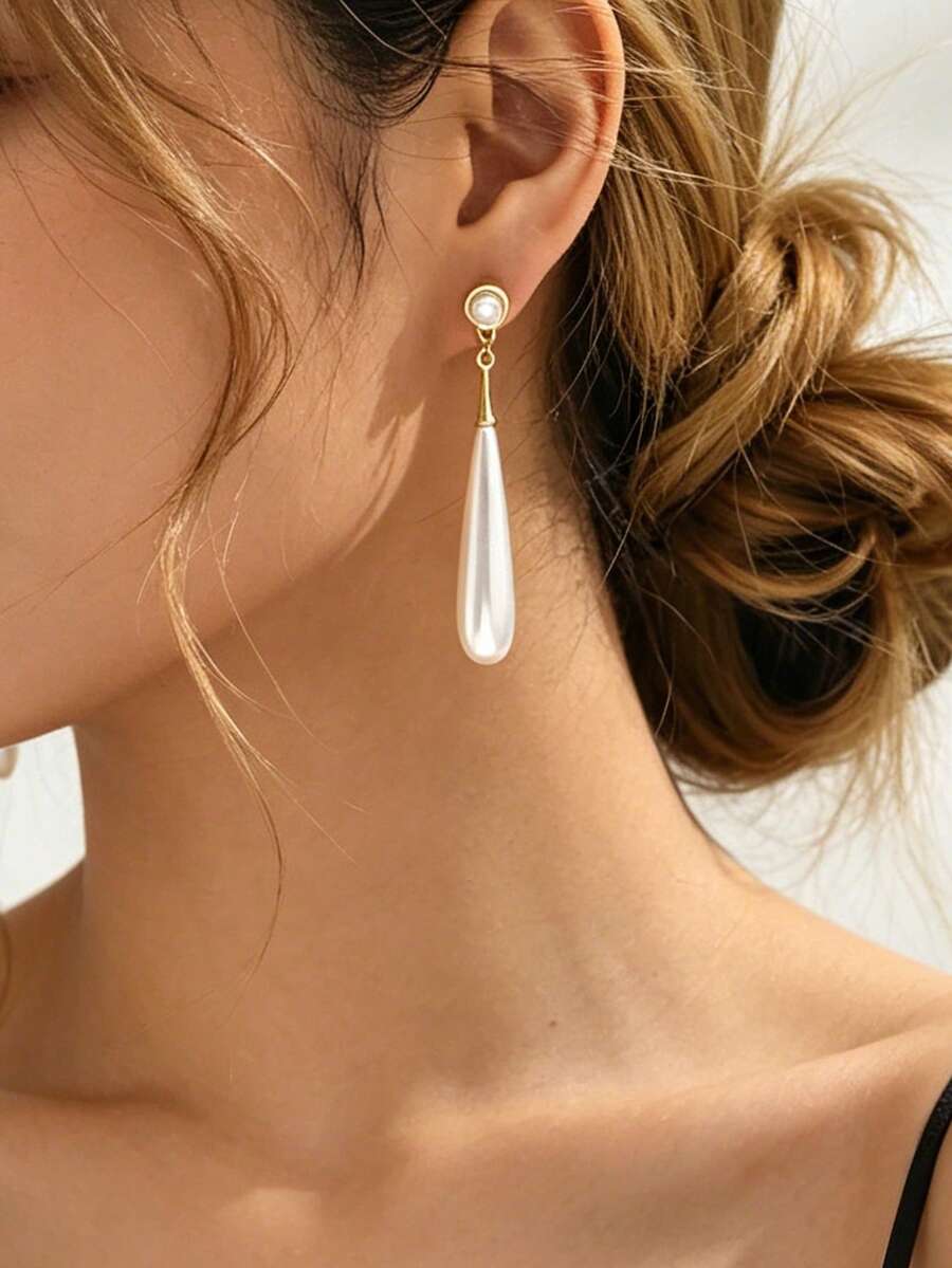 Vintage Elegant Teardrop Faux Pearl Dangle Earrings, Minimalist Wedding Bridal Jewelry, Daily Evening Party Accessories - White - View 1