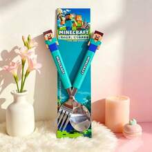 Minecraft 2pcs Standard Size Non-Slip Portable Reusable Set, Retro Pixel Game Character Pattern, Straight Handle Decorative Tableware, Back To School Daily Home Meals Travel Picnic Game Theme Party Supplies - Multicolor - View 2