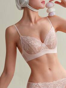 SUJIIN 女款無縫無鋼圈蕾絲飾邊內墊托高支撐內衣 MX525 - 粉色 - 查看 8