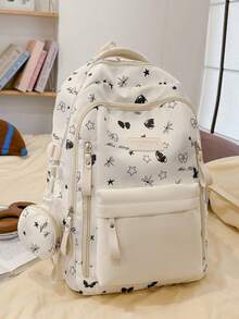 Designed Backpack Fresh Macaron Color Scheme School Bag For Female Students Korean Campus Style. Large Capacity Layered Design Can Easily Store Laptop, Textbooks And Daily Items, Front Pocket And Side Pocket Organized. Thoughtfully Includes Matching Printed Round Coin Purse, Perfect For School Commute, Weekend Outings Or Short Trips. No Pendant. - Multicolor - View 12