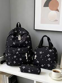 3pcs Set - Cute Bow Pattern Backpack Set For Back To School, Large Capacity Polyester School Day Bag With Lunch Bag And Pencil Case, Multi-Pocket Casual Backpack, Lightweight Bookbag, Suitable For Students/Graduates/Young People, Perfect For Back To School/Daily/Shopping/Short Trips And Outdoor Leisure Activities - 2283 - View 10