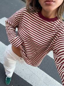 Women's Casual Top, Striped Color Block Ribbed Everyday Wear Spring - Red Apricot - View 4