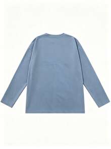 Autumn Light Grey Blue Minimalist Blessed Gothic Small Letter Print Long Sleeve T-Shirt, Simple Solid Color Loose Fit Daily Commute Versatile All-Match Layering Top - Dusty Blue - View 4