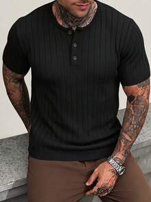 Men's Mercerized Ribbed Henley Collar Slim Fit Short Sleeve Knit Top - Black - View 2
