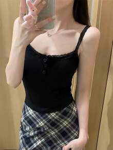 性感風蕾絲細肩帶背心上衣 女款 夏季內搭外穿 修身顯瘦 短版露背上衣 黑色休閒款 - 黑色 - 查看 6
