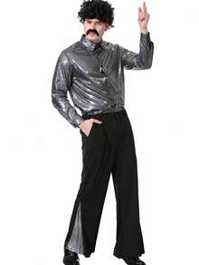 Men's 70s Disco Halloween Costume Set – Bell Bottom Pants, Retro Shirt, Wig, Necklace, Fake Mustache & Accessories For 1970s Fancy Dress Party - Silver - View 5