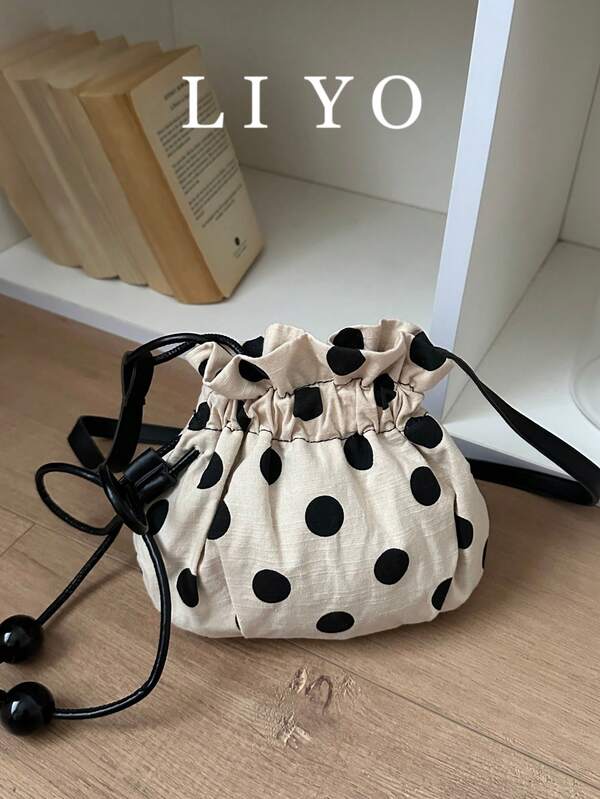 Bolso de mujer con lunares, bolso cubo plisado con cordón de moda, bolso de hombro y bandolera