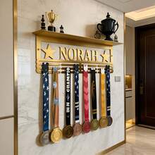 1pc Customized Metal Medal & Trophy Display Rack - Personalized Star Design With Name Logo, Easy Install Home Wall Decor, 12 Hooks & Medal Holder For Personal Honor Medals - Father's Day, Independence Day, Thanksgiving Gift, Running Medal Hanger - Gold - View 5