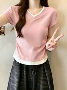 女款 2 合 1 拼接設計小眾短袖 T 恤，夏季修身韓風短版上衣，適合嬌小身型，粉色休閒款 - 粉色 - 查看 2