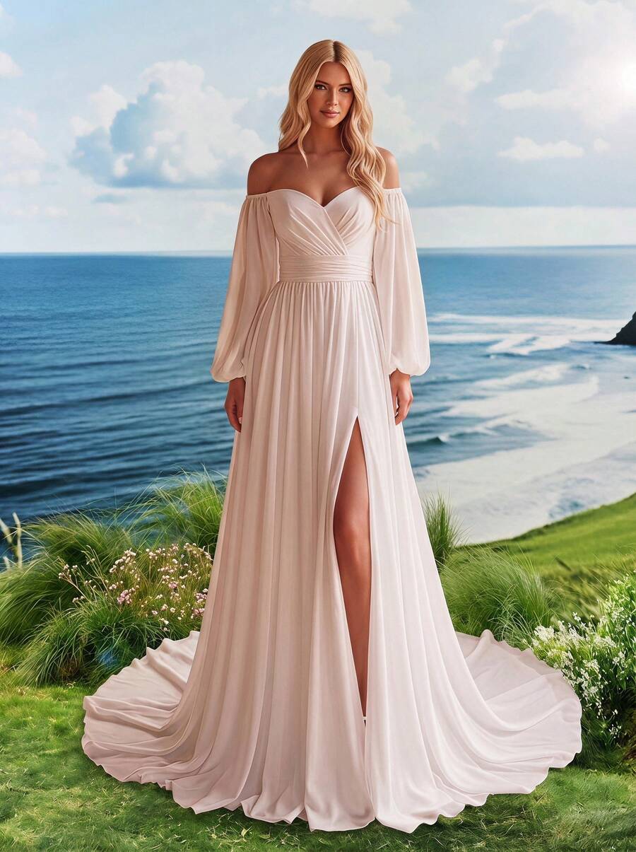 Elasola 露肩浪漫婚纱,灯笼袖高开衩设计,适合正式晚宴、教堂仪式和黑领结活动,优雅白色 - 白色 - 查看 1
