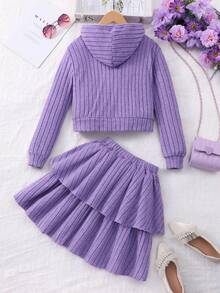 Setelan Rajut Kasual Manis 2 Potong untuk Anak Perempuan: Jaket Pendek Berkerudung Bergaris Ungu dengan Resleting + Rok Pendek Berumbai Dua Lapis dengan Pinggang Elastis, Musim Semi/Musim Gugur - Purple - View 3