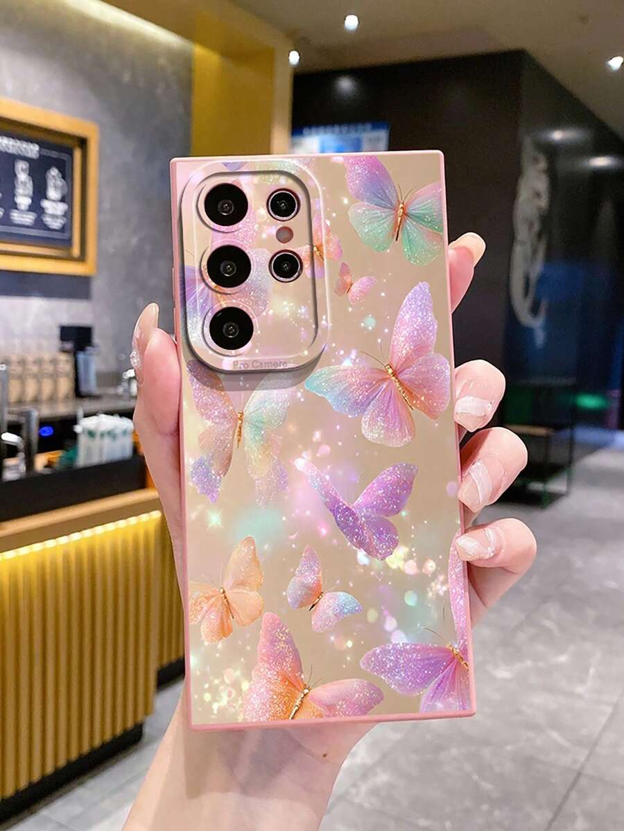 1pc Purple Pink Butterfly Camera Protection Phone Case UV Printed Compatible With Samsung/Galaxy/ Android Models - Pink - View 1