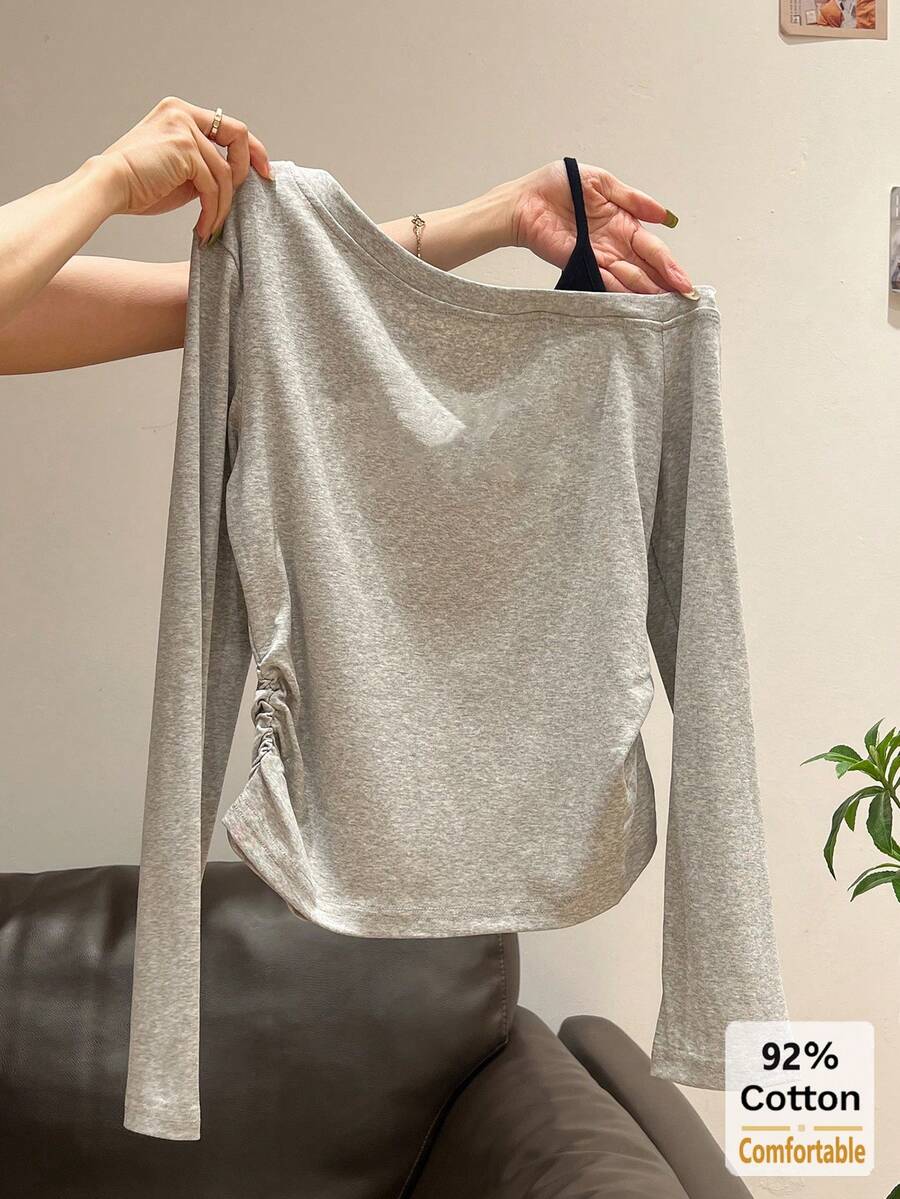 Asymmetrical Neckline Camisole Top, Grey Long Sleeve Base Layer, Fashionable Elegant Casual Style - Gray - View 1