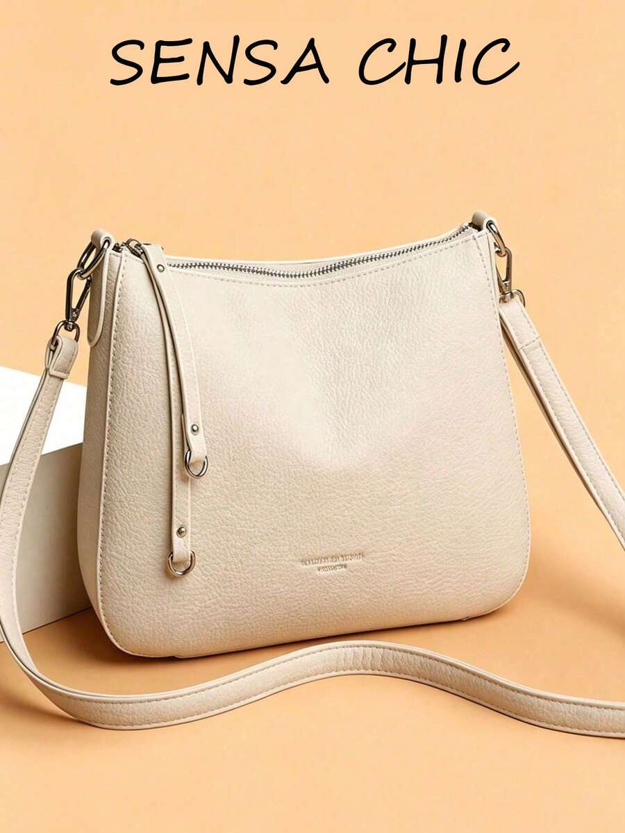 Off-White Lychee Texture PU Shoulder Bag, Adjustable Wide Strap, Embossed Letter Logo, Soft Large Capacity Daily Shoulder Bag, Minimalist Low-Key Luxury Ideal Choice For Women, Perfect For Commuting, Weekend Shopping, City Strolling And Daily Outings. - Beige - View 1