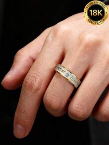 1pc Fashionable And Personalized Stainless Steel Forever Love Ring, Cubic Zirconia Decoration, Suitable For Daily Wear And Anniversary Gift - Yellow Gold - View 3
