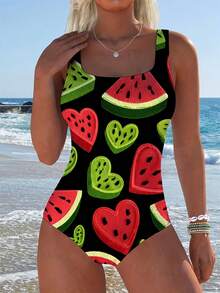 Women's Conservative One-Piece Swimsuit With Chest Pads, Black Watermelon Heart Print, Suitable Casual And Sports Use - Mixed Colors - View 1
