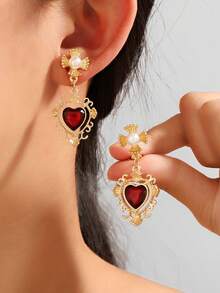 1 Pair Baroque Court Maiden Vintage Red Heart-Shaped Faux Pearl Earrings Heart Clip-On - Multicolor - View 1