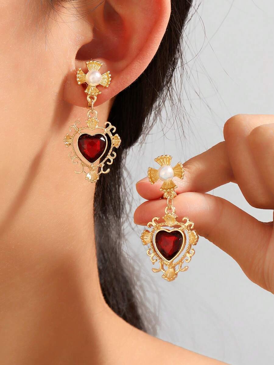 1 Pair Baroque Court Maiden Vintage Red Heart-Shaped Faux Pearl Earrings Heart Clip-On - Multicolor - View 1