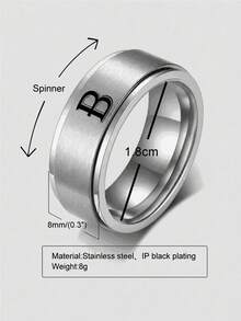 1件男士時尚不鏽鋼磨砂階梯經典戒指，字母A-Z，內徑1.82mm - 銀色 - 查看 2