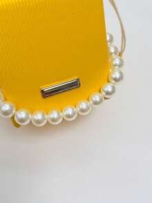 1 pieza Mini bolso bandolera de moda con cordón, de PU de unicolor con relieve a rayas y decoración de cadena de perlas, portátil, adecuado para el uso diario de las mujeres - Amarillo - Ver 9