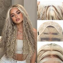 Topshe 28 Inch Gray-Gold Long Curly Wig, Dark Roots, Glueless, 13*6 Lace Front Hairline, Synthetic Gradient Gold Wig, Natural Hairline, High Density Soft Fluffy Wavy Hair, Suitable For Daily Wear, Party, Vacation, Holiday, Cosplay, Halloween - Ombre - View 14