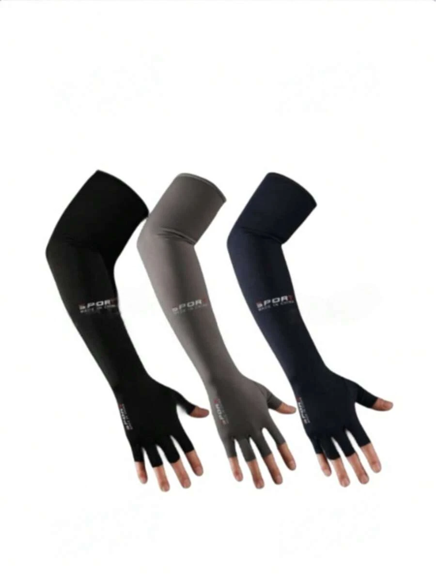 Men's Summer Sun Protection Gloves, Long Arm Sleeves, Ice Silk Arm Covers, Anti-Slip, Quick-Dry, UV Protection, Half-Finger, For Cycling And Outdoor Sports - Black - View 1