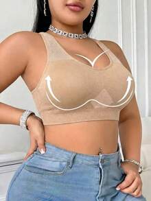 Plus Size Medium Support Seamless Sports Bra For Women, Breathable Mesh Racerback Wireless Sports Bra, 1XL-5XL, Suitable For Fitness And Daily Wear - Apricot - View 5