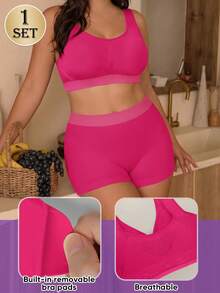 MEIYATING 1 Set Seamless Full Coverage Wire-Free Plus Size Bra, Comfortable Mid-Waist Seamless Hipster Panties, Safety Shorts, Yoga Shorts - Red - View 3