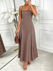 Women's Striped Long Dress, Spaghetti Strap, Elastic Waist, Flowy A-Line Dress, Suitable For Daily, Vacation, Outing, Casual And Evening Wear, Autumn - Brown - View 7