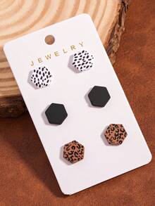 1 Set Maillard Leopard Print Geometric Stud Earrings Set, Personalized Sweet Cool Style Earring Jewelry Set, Suitable For Daily Wear - Multicolor - View 6